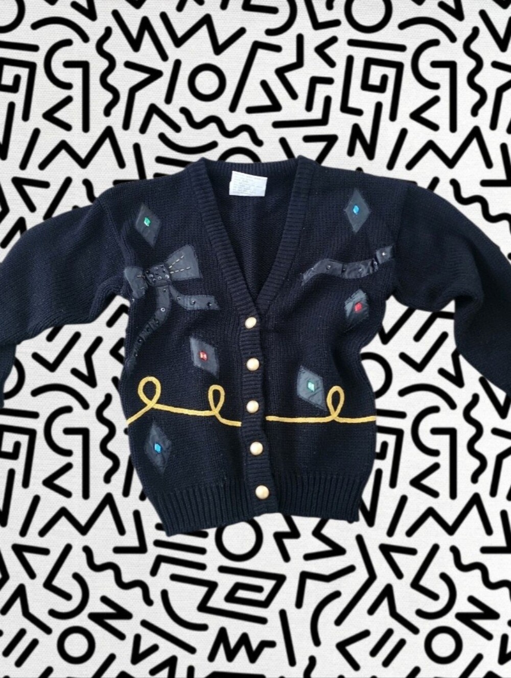 Embroidered Button Cardigan with Ribbon & Diamond Motifs